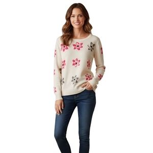 Loft Cotton Blend Neutral Floral Crewneck Pullover Sweater Size L